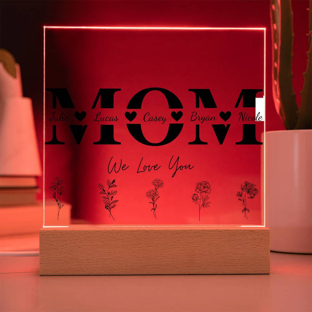 Lovely Mom Led Acrylic Plaque-Personalize up to 5 names, optional birth flowers | Mother's Day Gift | Beautiful Home Decor